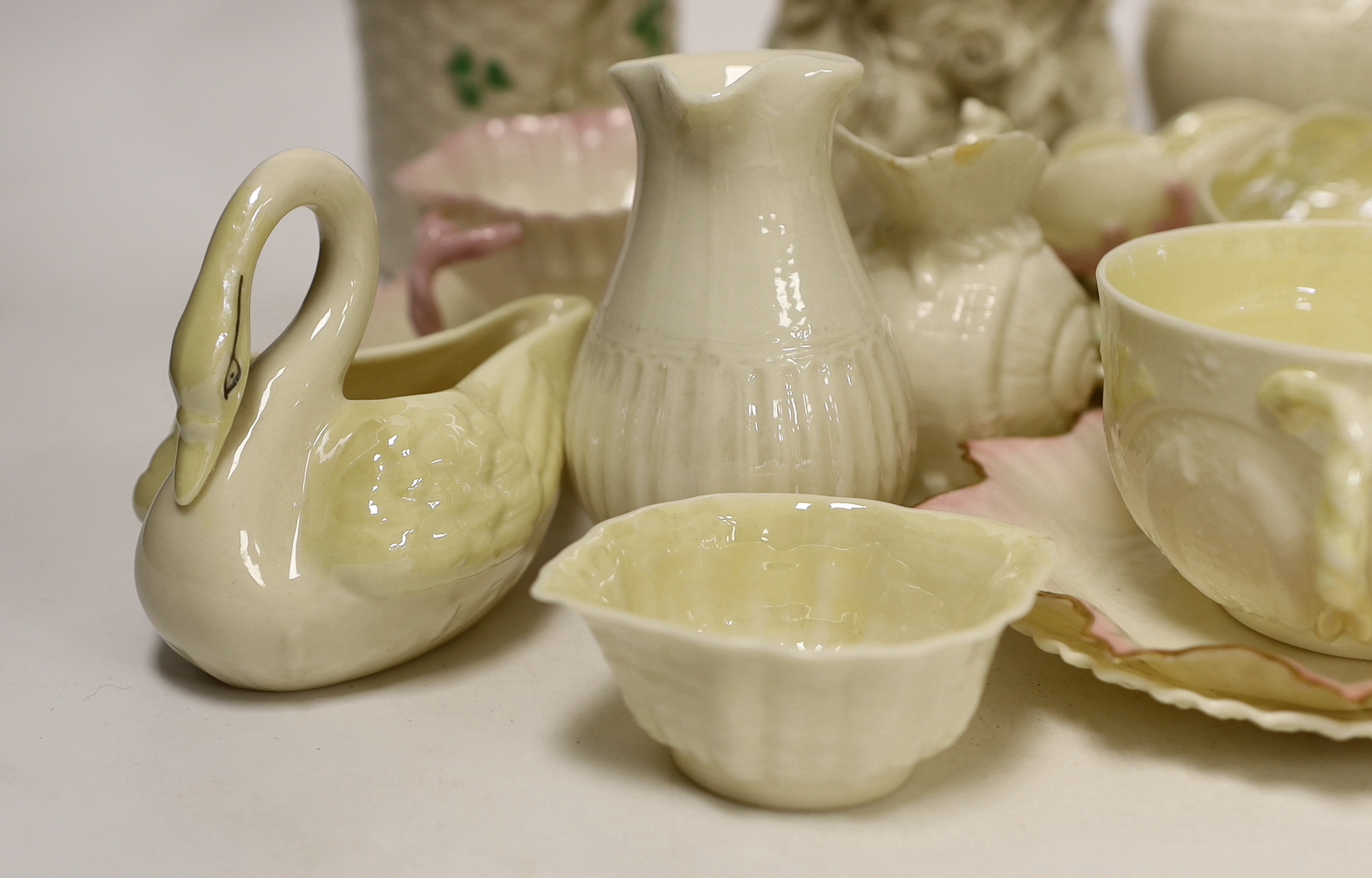 A quantity of Belleek porcelain tea and decorative wares, 1st period and later